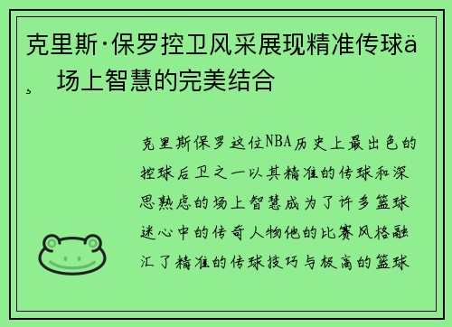 克里斯·保罗控卫风采展现精准传球与场上智慧的完美结合